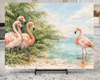 Tropical Pink Flamingoes on the Beach Tempered Glass Cutting Board, Kitchen Decor, Beach House Decor Coastal Serving Board Gift
