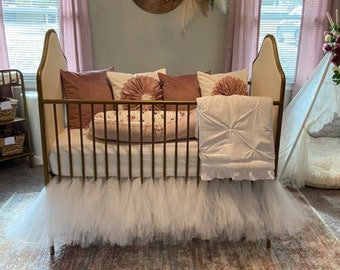 White Tulle Crib Skirt, ANY COLOR Tulle Crib Tutu, Beige and Light Pink Baby Girl Princess Nursery, Cream Crib Ruffle, Ivory Crib Duster