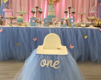 Blue High Chair Tutu, Girl First Birthday Highchair Skirt, Cinderella High Chair Banner Decor, Smash Cake Party, Copenhagen Dusty Blue Tulle