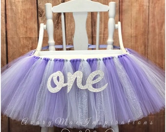 High Chair Tutu- High Chair Skirt- Lavender and White Highchair tutu- Highchair skirt- High Chair Skirt- Sofia the First Girls 1st Birthday