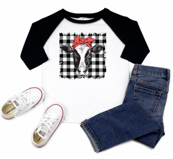 Cow kids Shirt, Cow Lover Raglan Jersey, Funny Cow Tee Shirt, Toddler Cow Tee, Cow with Red Bandanna, Country Farm Girls, Buffalo Plaid Il_570xn