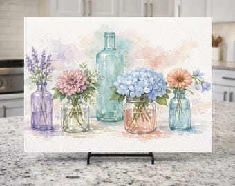 Pastel Watercolor Floral Glass Cutting Board, Cottagecore Kitchen Decor, Hydrangea and Lavender in Vintage Glass Vases