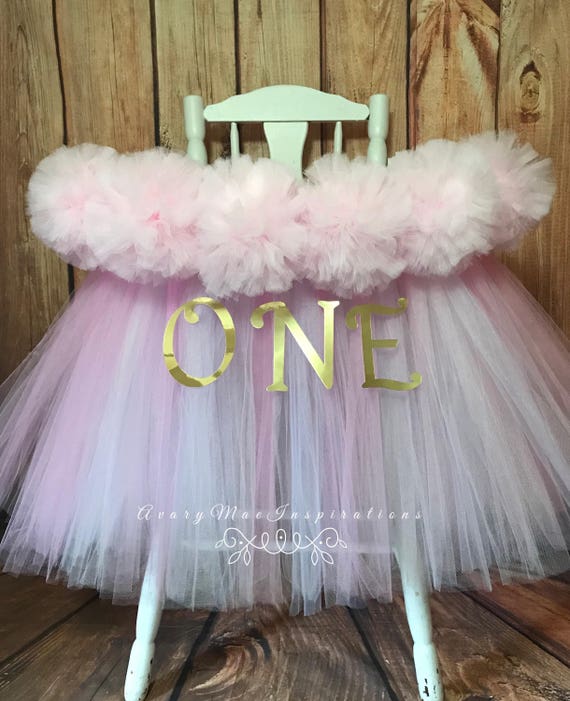 Pink and White High Chair Tutu, Highchair Banner, High Chair Tutu, High Chair and Pompoms, Girls First Birthday Party Decor, Highchair Skirt Il_570xn