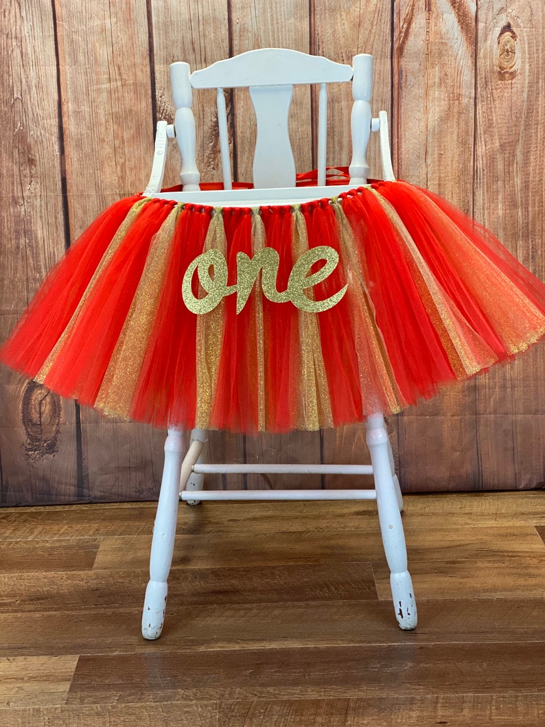 High Chair Tutu, Girls First Birthday Highchair Banner Skirt, Red and Gold Christmas Birthday, Valentine Girls Birthday Smash Cake Party image 2