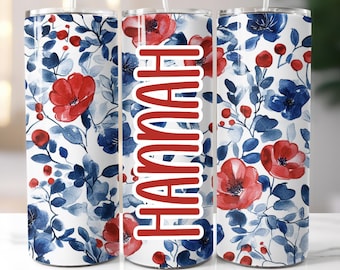 Floral 20oz Tumbler, Red White & Blue Gift for Friend, Straw and Lid, Personalized Name, Birthday Gift, Flower Girl, Bridesmaid, 4th of July