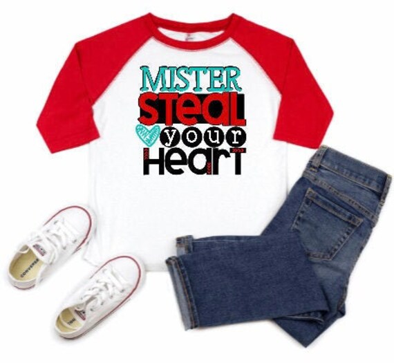 Mister Steal Your Heart Boys Shirt, Kids Jersey, Toddler Cool Boy Valentines Outfit, Funny Preschool Raglan Jersey Tee Il_570xn