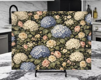 Vintage Floral Glass Cutting Board, Blue and White Hydrangea & Roses Kitchen Board, Cottagecore Chopping Board, Kitchen Decor, Gift for Mom