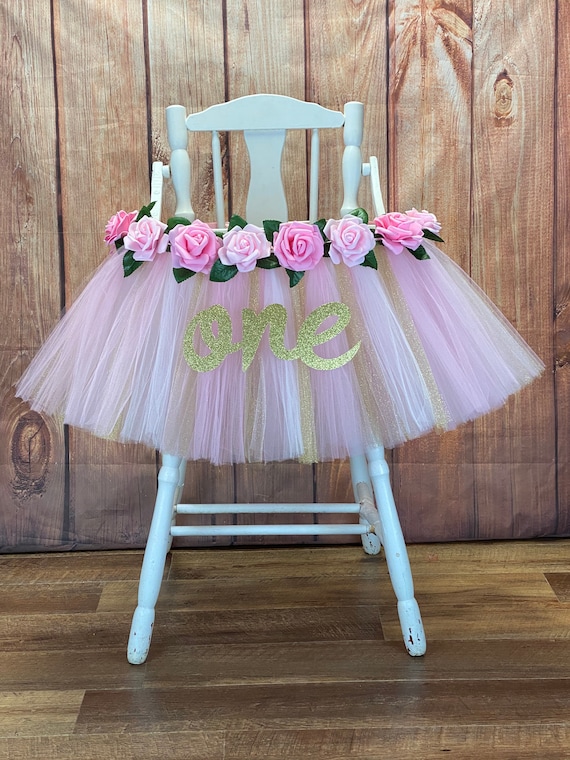 High Chair Tutu, Pink and Glitter Gold Girls 1st Birthday Highchair Banner Skirt, Floral First Smash Cake Decor, Blush Princess Party Decor Il_570xn