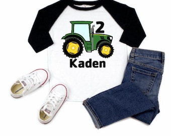 Boys 2nd Birthday Tractor Shirt, Farm Raglan Toddler Jersey, Kids 2 Years Old Tractor Boy Tee Shirt, Personalized Name, Green Big Tractor