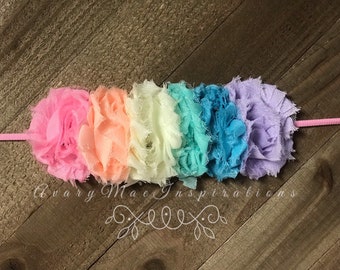 Pastel Rainbow Shabby Headband, Rainbow Baby Head Band, Mini Flower Girls Hair Bow, Newborn Infant Girl Headband, Baby Shower Gift, Birthday