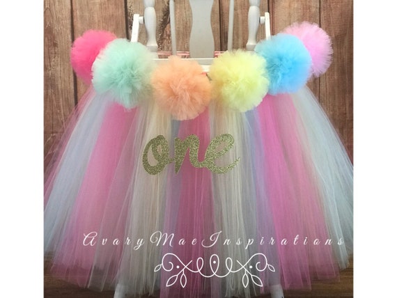 High Chair Tutu, Girls First Birthday High Chair Banner, Pastel Pompom Highchair Tulle Skirt Sherbet Chair Cover, Smash Cake Party, Custom Il_570xn