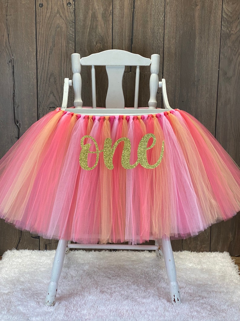 High Chair Banner Tutu, Peach and Coral Highchair Tutu, Girls 1st Birthday Smash Cake Party Decor, Sweet Peach Sunshine First Birthday image 2