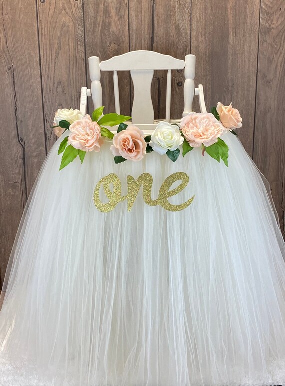 High Chair Tutu, Peach and Ivory Girls First Birthday High Chair Banner, Smash Cake Party Decor, Blush & Nude Floral 1st Birthday, Gold Il_570xn