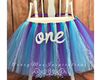 Little Mermaid First Birthday High Chair Tutu for Girls 1st Birthday, Under the Sea Highchair Banner for Smash Cake Party, High Chair Skirt