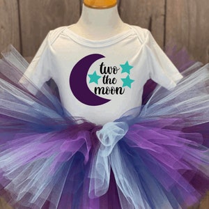 Two The Moon Girls Birthday Outfit, Girls 2nd Birthday Tutu, Outer Space Galaxy Party, Out of this World Bday Party, Stars Shirt, Navy Aqua image 2