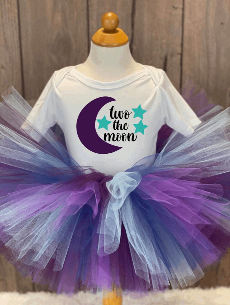 Two The Moon Girls Birthday Outfit, Girls 2nd Birthday Tutu, Outer Space Galaxy Party, Out of this World Bday Party, Stars Shirt, Navy Aqua image 2