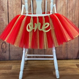 High Chair Tutu, Girls First Birthday Highchair Banner Skirt, Red and Gold Christmas Birthday, Valentine Girls Birthday Smash Cake Party image 3