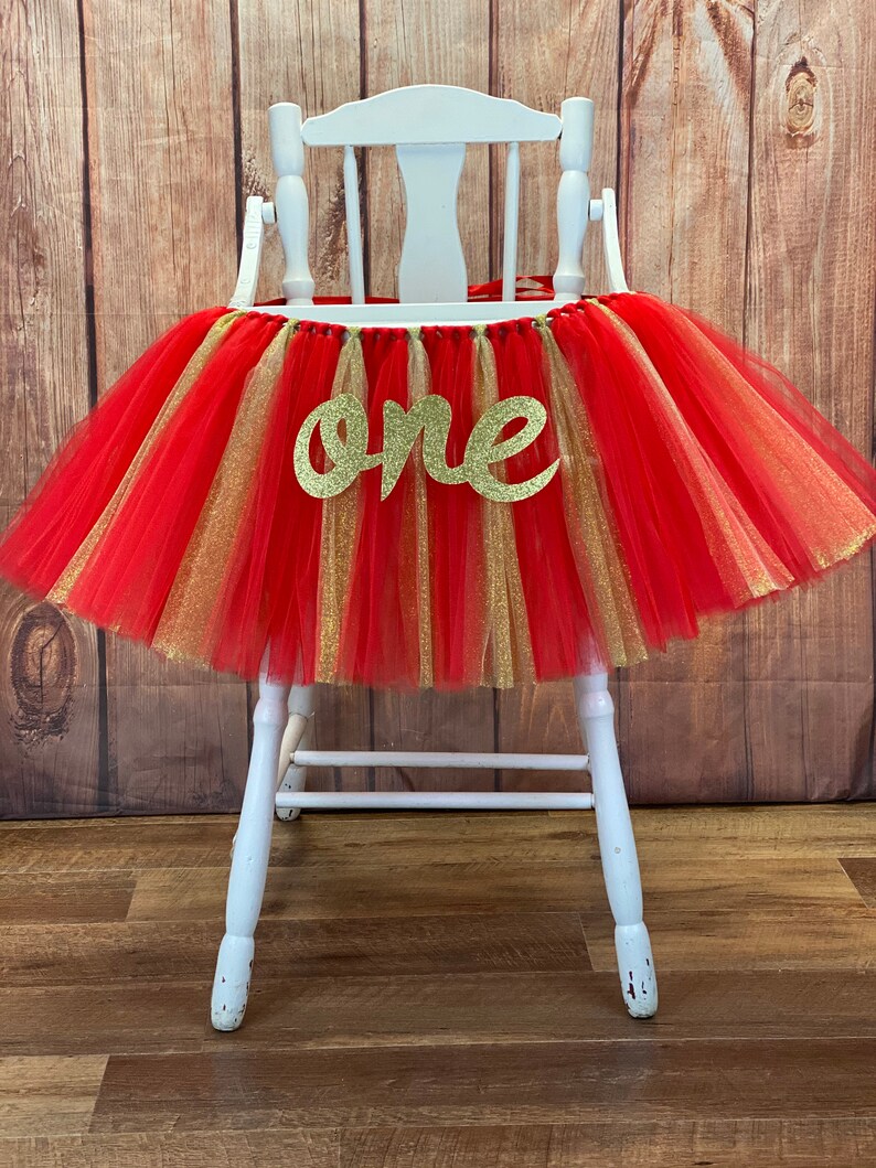 High Chair Tutu, Girls First Birthday Highchair Banner Skirt, Red and Gold Christmas Birthday, Valentine Girls Birthday Smash Cake Party image 3