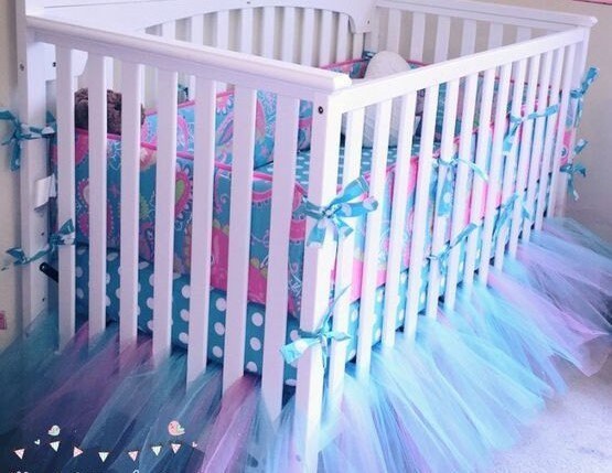 10Piece Crib Bedding Baby Girl Garden Floral & Polka Dots Tulle Purple Turquoise 