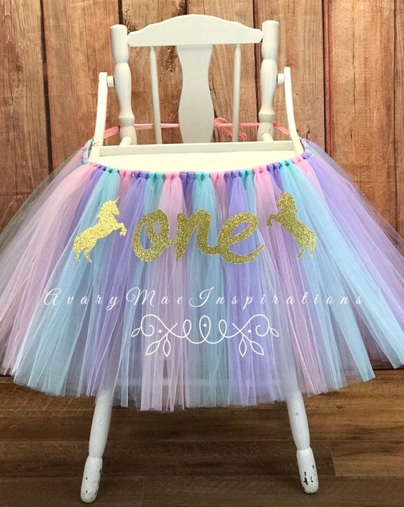 Unicorn High Chair Tutu, Pastel Highchair Skirt, Girls First Birthday