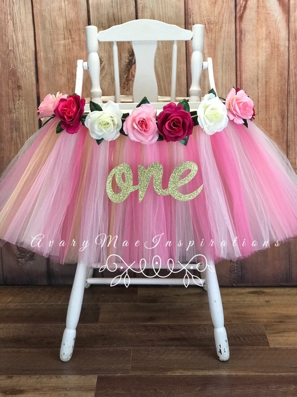 Pink and Gold High Chair Tutu Banner Highchair Skirt for Girls First Birthday Smash Cake Party Decor Floral 1st Birthday Party Etsy