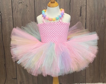 Pastel Rainbow Unicorn Tutu Dress, Princess Tulle Party Outfit, Girls Birthday Dress, Toddler Flower Girl, Rainbow Birthday Skirt  Outfit