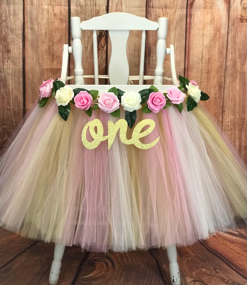 Pink and Gold Floral First Birthday High Chair Tutu, Highchair Tutu, High Chair Banner, High Chair Skirt,Pink and Gold Girls First Birthday image 1