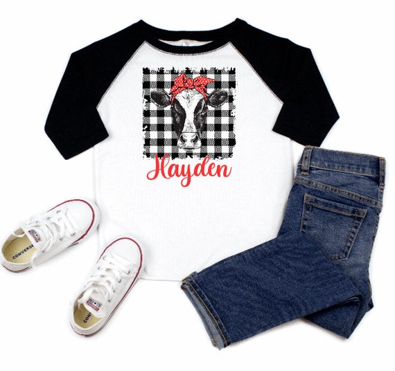 Cow kids Shirt, Cow Lover Raglan Jersey, Funny Cow Tee Shirt, Cow with Red Bandanna, Toddler Farm Girls, Buffalo Plaid, Personalized Name Il_570xn