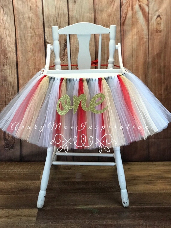 High Chair Tutu, Highchair Banner, Girl First Birthday, Red, Gray, White & Gold Tulle Tutu Skirt, Smash Cake Garland, Glitter Gold, Custom Il_570xn