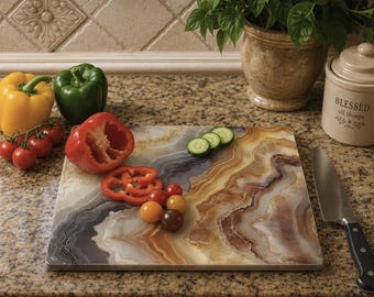Brown Agate Tempered Glass Cutting Board, Modern Marble Stone Look Kitchen Board, Wellness Enthusiast Trivet Gift, Unique Housewarming Gift