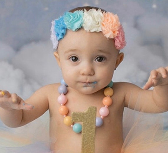 Pastel Rainbow Shabby Headband, Rainbow Baby Head Band, Mini Flower Girls  Hair Bow, Newborn Infant Girl Headband, Baby Beads, Baby Gift 