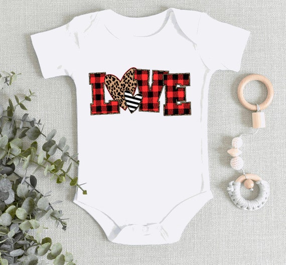 LOVE Baby Onesie, Valentines Day Girls Bodysuit, Leopard Print and Buffalo Plaid Baby Tee Shirt Outfit, My First Valentines Day Gift, Infant Il_570xn
