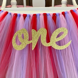 Valentines Day 1st Birthday High Chair Tutu, Girls First Birthday Banner, Lavender, Red & Pink Tulle Tutu Skirt for Smash Cake Party image 2
