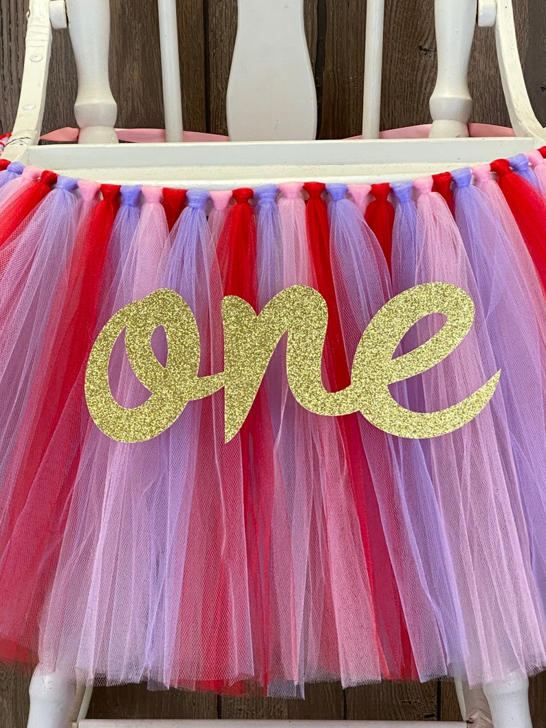 Valentines Day 1st Birthday High Chair Tutu, Girls First Birthday Banner, Lavender, Red & Pink Tulle Tutu Skirt for Smash Cake Party image 2