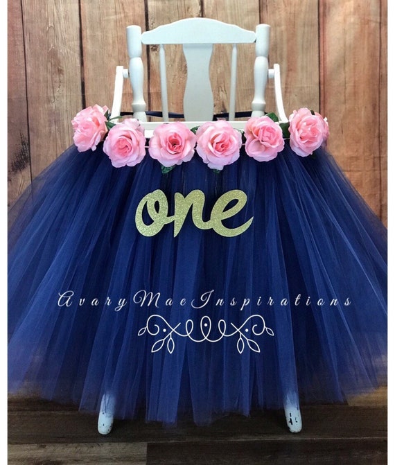 Navy Blue High Chair Tutu, Highchair Tutu, High Chair Banner, High Chair Skirt, Navy and Light Pink Girls First Birthday Smash Cake Party Il_570xn