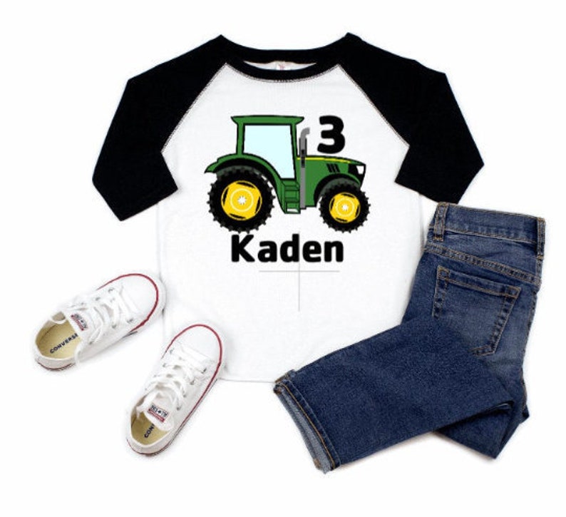 Boys 3rd Birthday Tractor Shirt, Farm Raglan Toddler Jersey, Kids 3 Years Old Boy Tee Shirt, Personalized Name, Green Big Tractor image 2