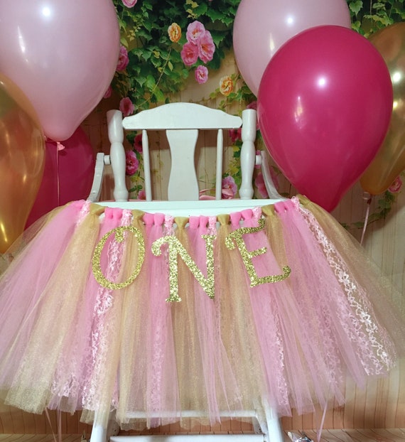 Pink and Gold High Chair Tutu- High Chair Skirt- Highchair tutu- Highchair skirt-Pink and Gold 1st Birthday- Pink and Gold High Chair Tutu Il_570xn
