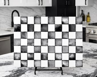 Black and White Checkered Glass Chopping Cutting Board, Black Check Kitchen, Cheese Charcuterie Mothers Day Gift, Housewarming, Wedding Gift