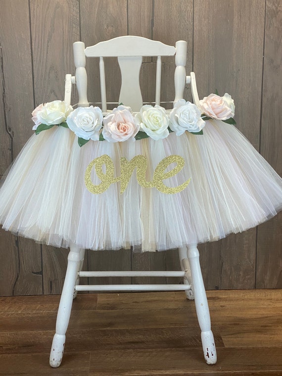 High Chair Tutu, Blush Highchair Banner, Ivory and Cream Floral First