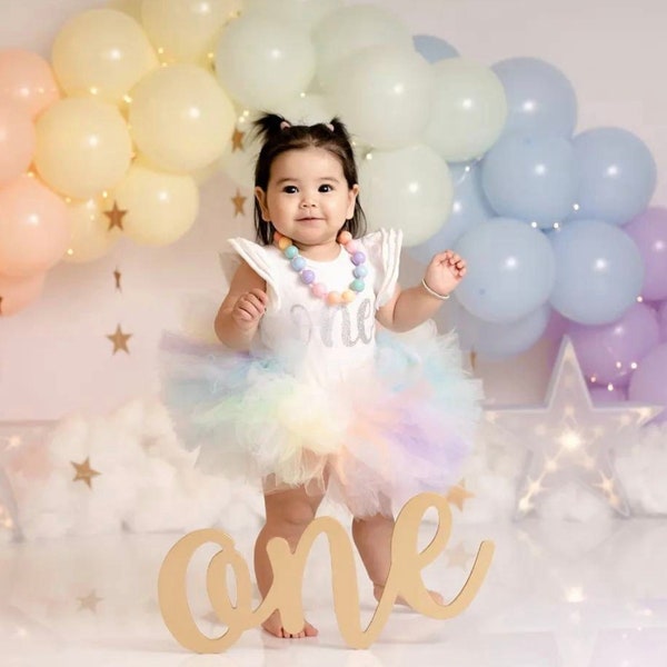 Pastel Rainbow First Birthday Outfit, Unicorn Girls 1st Birthday Tutu, One Year Old Bodysuit, Smash Cake Photo Outfit, Flutter Sleeve Shirt