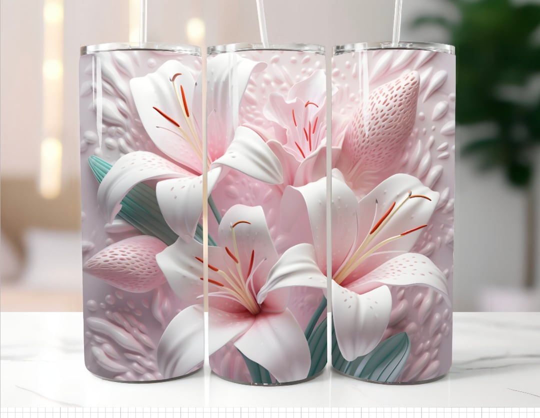 White and Pink Lilies Floral 3D 20oz Tumbler, Gift for Friend