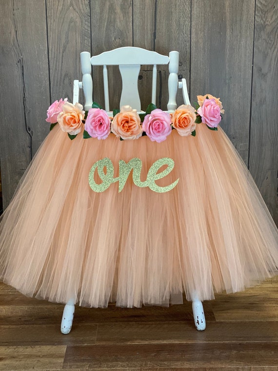 High Chair Tutu, Peach and Pink Highchair Banner, Girls First Smash Cake Party, Floral 1st Birthday, Our Sweet Peach Tulle Chair Skirt Il_570xn