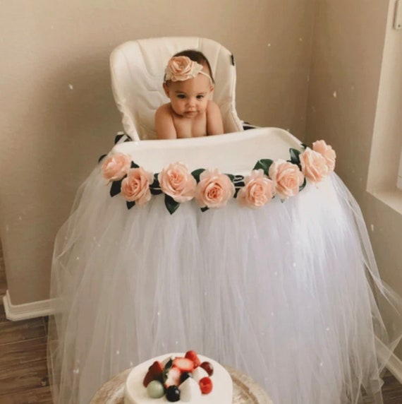 White High Chair Tutu, ANY COLOR, Girls First Birthday Highchair Banner Skirt, Floral Decor, Swan 1st Birthday, Baptism, Smash Cake Il_570xn