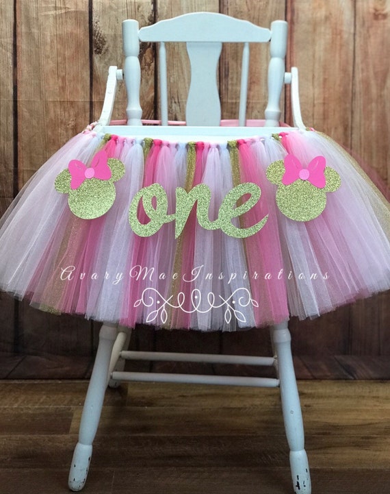 Minnie Mouse High Chair Tutu, Highchair Banner, Girl First Birthday, Pink and Gold Tulle Tutu Skirt, Smash Cake Garland, Glitter Gold Il_570xn