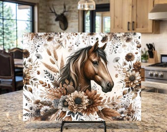 Boho Horse Glass Chopping Cutting Board, Kitchen Decor, Cheese Charcuterie Wedding Gift, Loves Horses House Warming Gift
