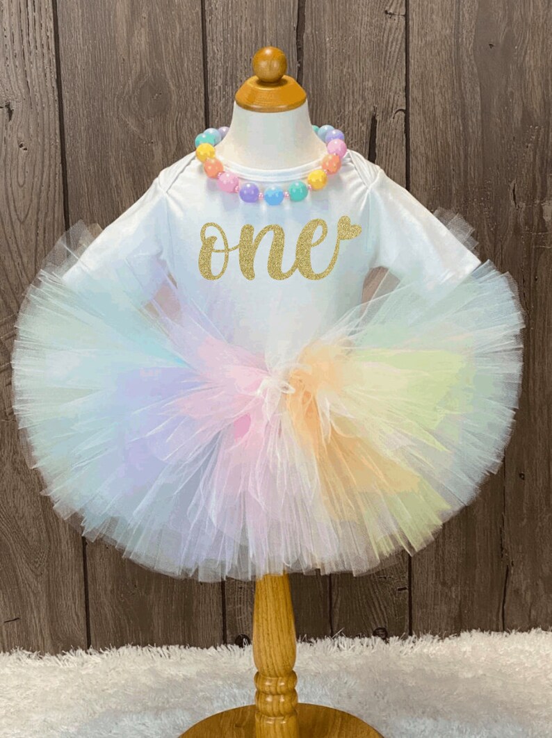 Pastel Rainbow First Birthday Outfit, Unicorn Girls 1st Birthday Tutu, One Year Old Bodysuit, Smash Cake Photo Outfit, First Birthday Outfit image 1