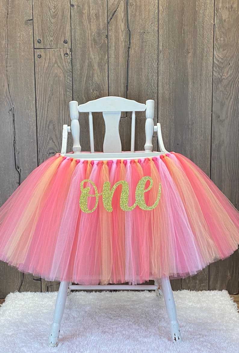 High Chair Banner Tutu, Peach and Coral Highchair Tutu, Girls 1st Birthday Smash Cake Party Decor, Sweet Peach Sunshine First Birthday image 1