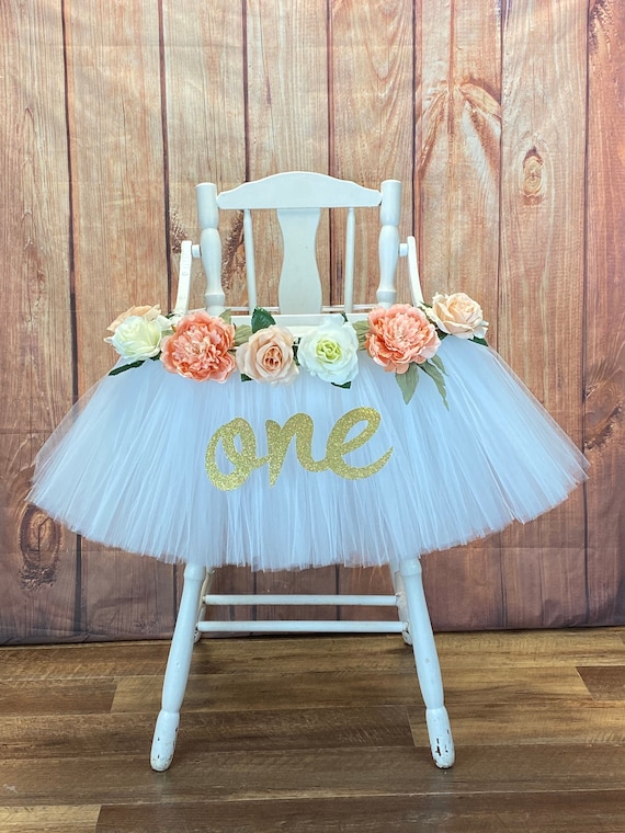 High Chair Skirt, Highchair Tutu, Girls First Birthday High chair Banner, Sweet as a Peach Smash Cake Party Decor, White Floral 1st Birthday Il_570xn