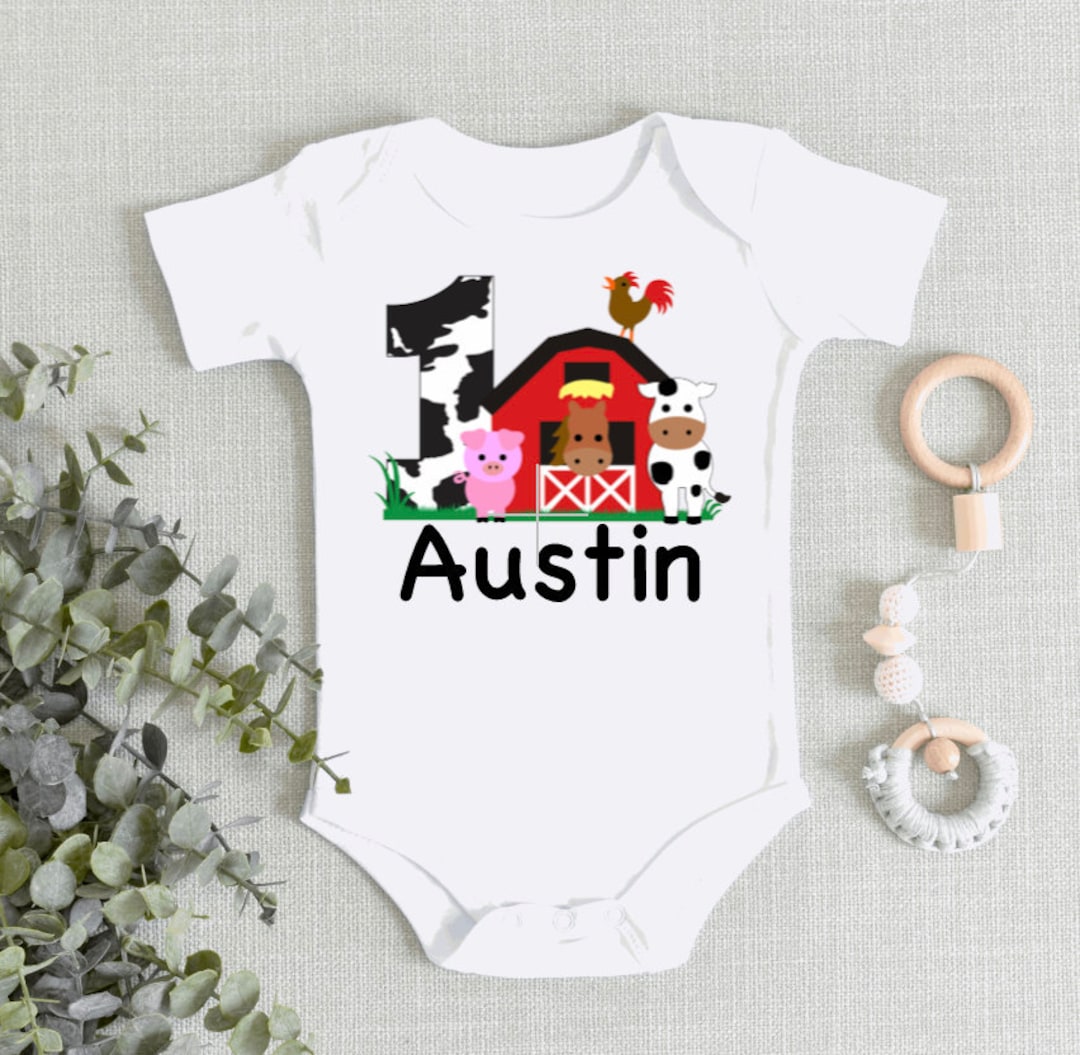 Boys 1st Birthday Shirt, Farm Birthday Bodysuit, 1 Years Old Barnyard