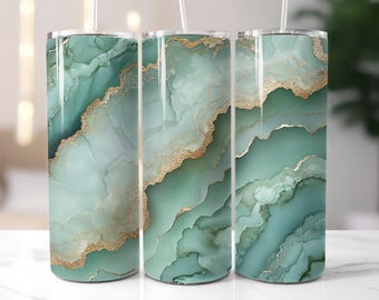 Light Green and Gold Agate Print 20oz Tumbler, Marble Print Stainless Steel, Hot or Cold with Straw w/ Lid, Coffee Tumbler